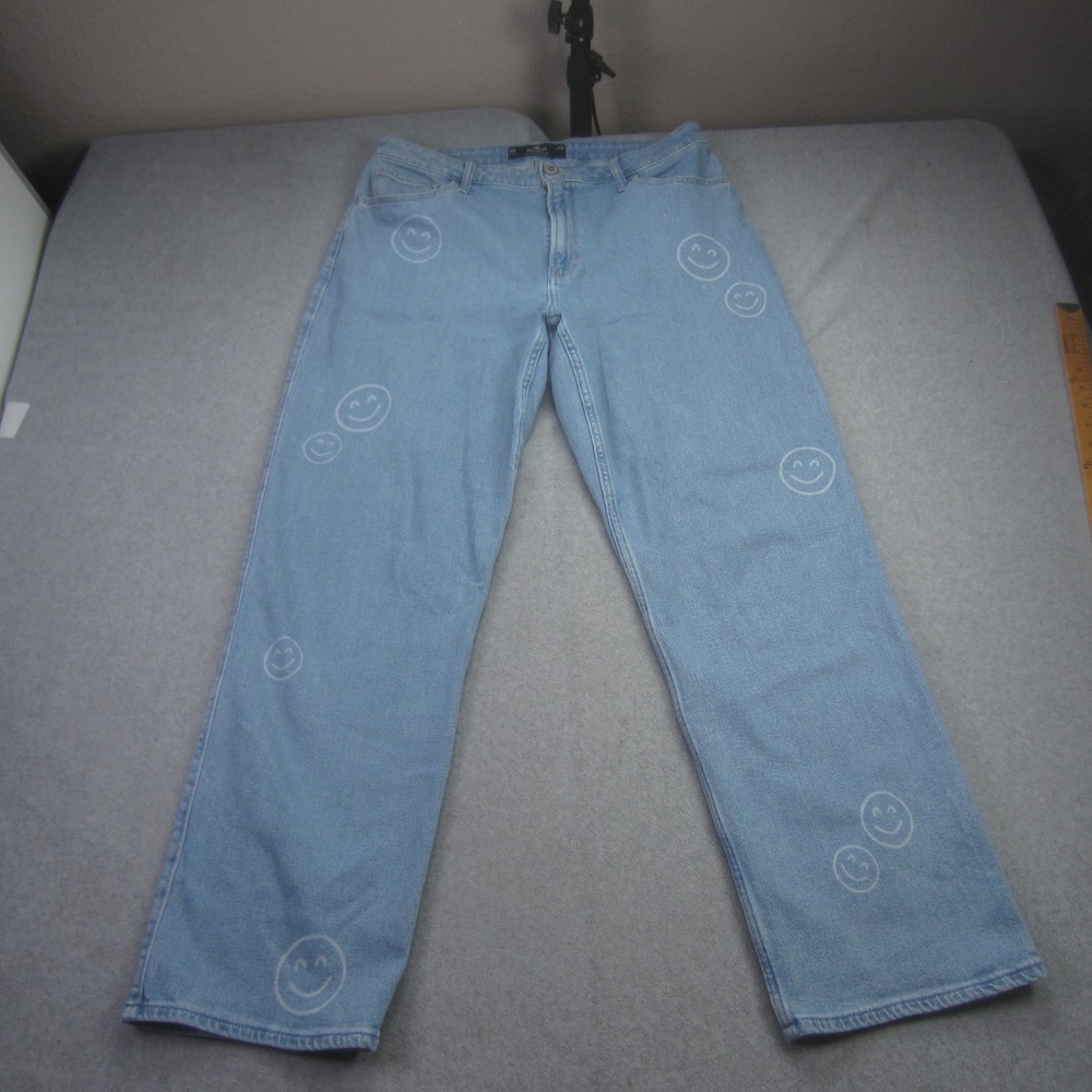 Hollister Jeans Womens 14R Ultra High Rise Dad Light Wash Smiley Face‎ Baggy